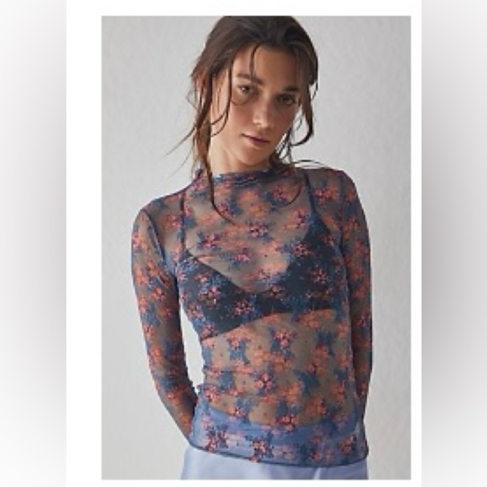 Free People Floral Mesh Long Sleeve Top